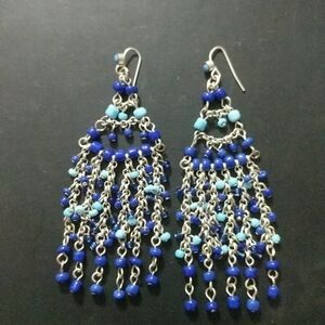 Silver Tone Blue Beaded Chandelier Dangle Statement Earrings